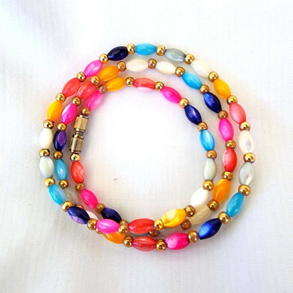 Necklace or Bracelet, Multi Colored With Gold Beads 19" long with screw clasp.